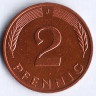 Монета 2 пфеннига. 1990(J) год, ФРГ.