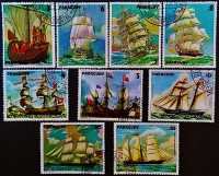 Набор почтовых марок (9 шт.). "Парусные корабли на картинах". 1979 год, Парагвай.
