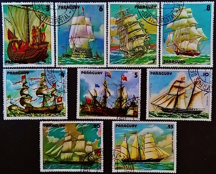 Набор почтовых марок (9 шт.). "Парусные корабли на картинах". 1979 год, Парагвай.
