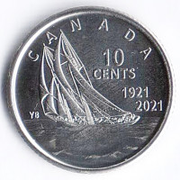 Монета 10 центов. 2021 год, Канада. 100 лет шхуне "Bluenose" (Тип 2).