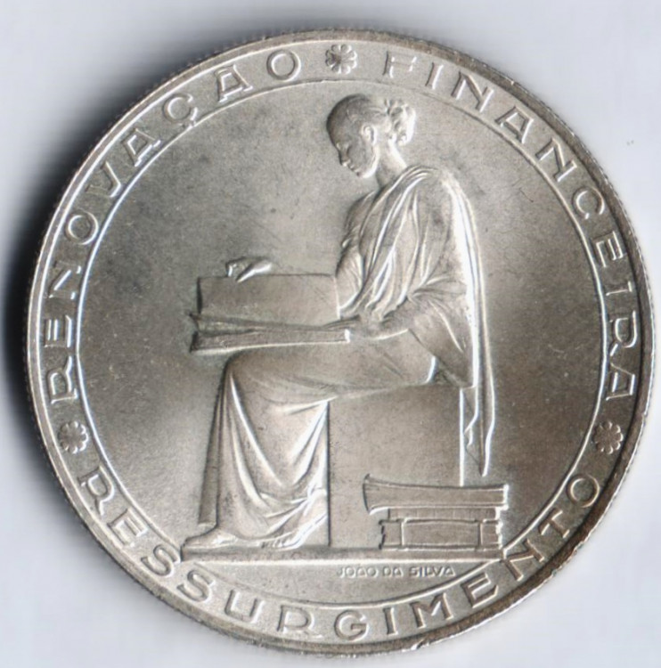 Монета 20 эскудо. 1953 год, Португалия. 25 лет финансовой реформе.