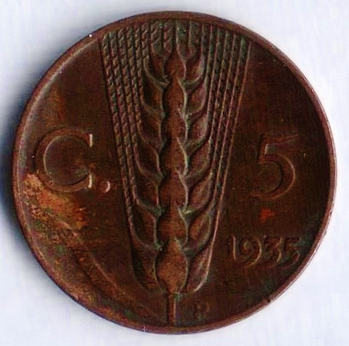 Монета 5 чентезимо. 1935 год, Италия.