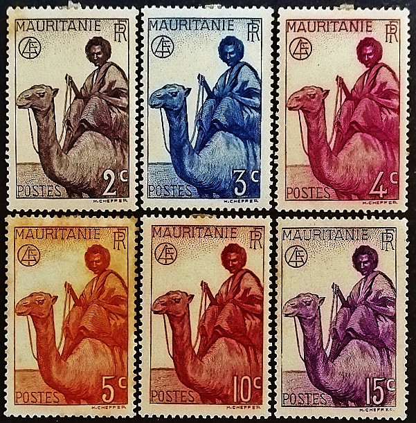 Набор марок (6 шт.). "Человек на верблюде". 1938 год, Мавритания.