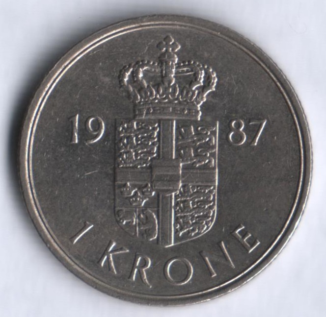 Монета 1 крона. 1987 год, Дания. R;B.