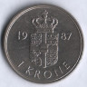 Монета 1 крона. 1987 год, Дания. R;B.