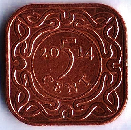 Монета 5 центов. 2014 год, Суринам.