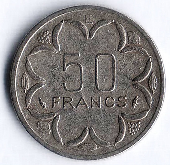 Монета 50 франков. 1986(Е) год, Центрально-Африканские Штаты (Камерун).