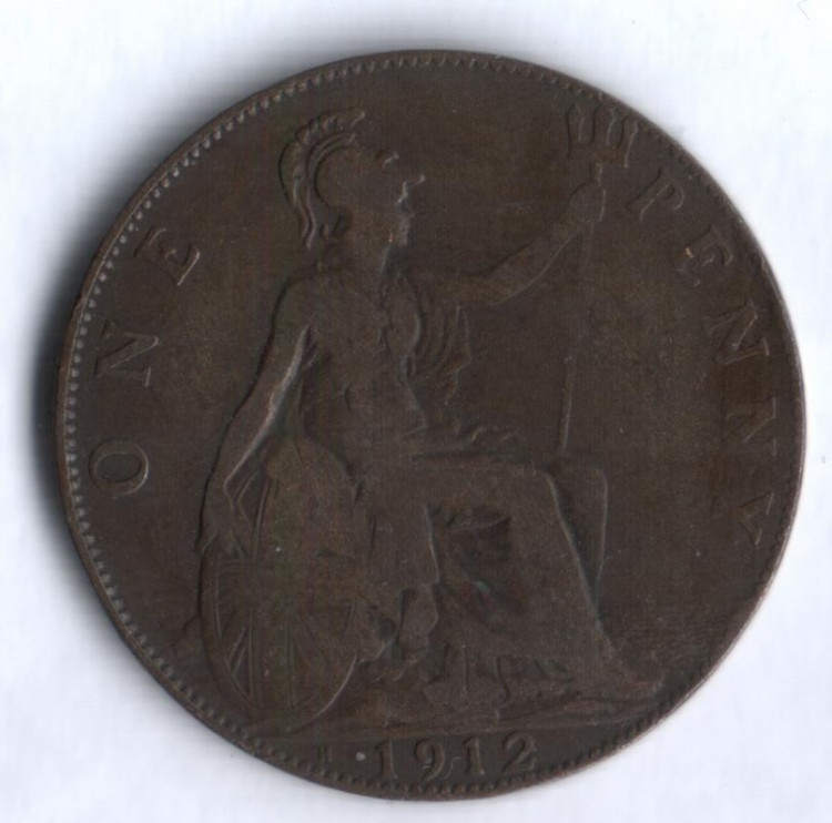 Монета 1 пенни. 1912 "Н" год, Великобритания.