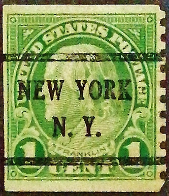 Почтовая марка (1 c.). "Бенджамин Франклин". 1923 год, США. Предварительное гашение "NEW YORK/N.Y.". Почтовая марка (1 c.). "Бенджамин Франклин". 1923 год, США. Предварительное гашение "NEW YORK/N.Y.".