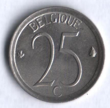 Монета 25 сантимов. 1973 год, Бельгия (Belgique).