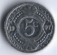 Монета 5 центов. 1997 год, Нидерландские Антильские острова.
