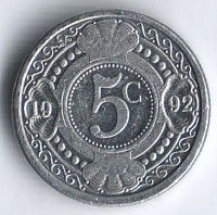 Монета 5 центов. 1992 год, Нидерландские Антильские острова.
