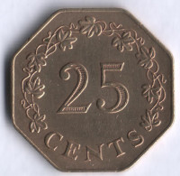Монета 25 центов. 1975 год, Мальта.