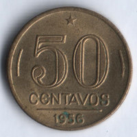 Монета 50 сентаво. 1956 год, Бразилия.