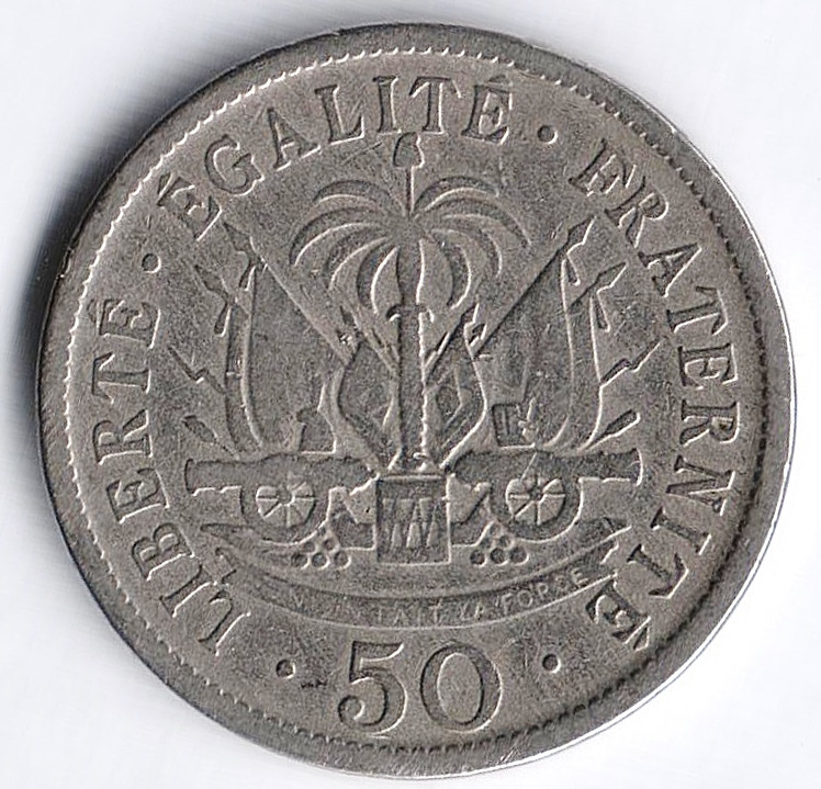 Монета 50 сантимов. 1908 год, Гаити.
