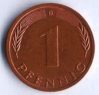 Монета 1 пфенниг. 1975(D) год, ФРГ.