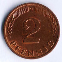 Монета 2 пфеннига. 1963(G) год, ФРГ.