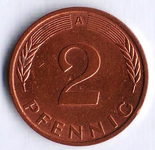 Монета 2 пфеннига. 1991(A) год, ФРГ.