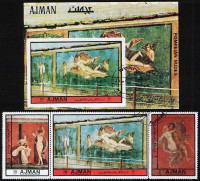 Набор-сцепка марок (3 шт.) с блоком. "Помпеи: картины ню". 1972 год, Аджман.