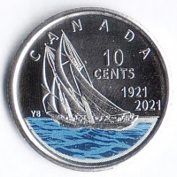 Монета 10 центов. 2021 год, Канада. 100 лет шхуне "Bluenose" (Тип 2 цветная).