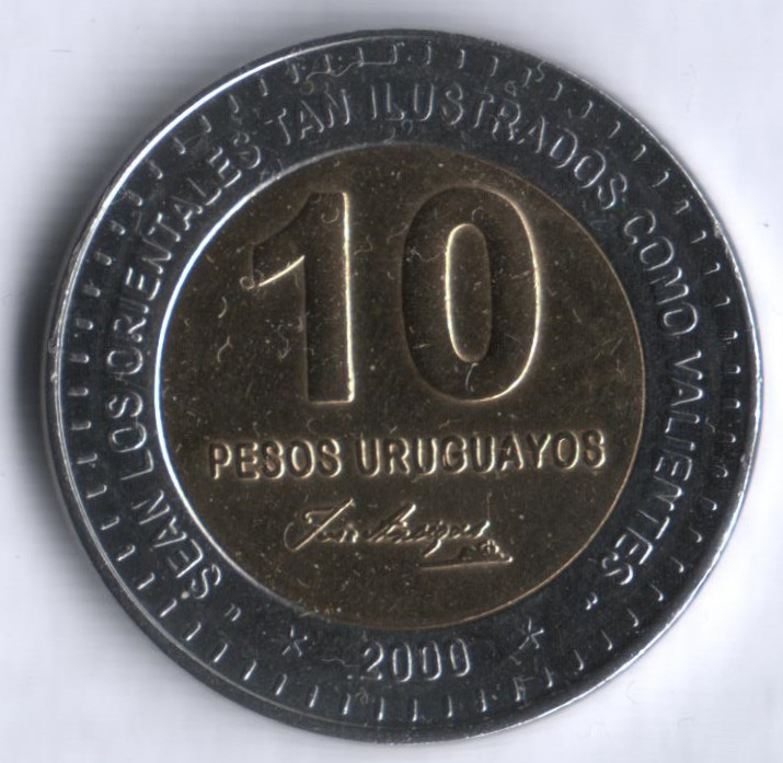 10 песо. 2000 год(со звёздами), Уругвай.