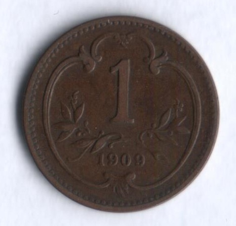 Монета 1 геллер. 1909 год, Австро-Венгрия.