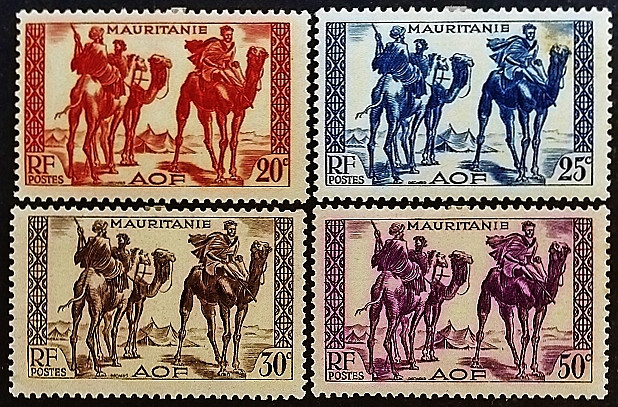 Набор марок (4 шт.). "Воины на верблюдах". 1938 год, Мавритания.