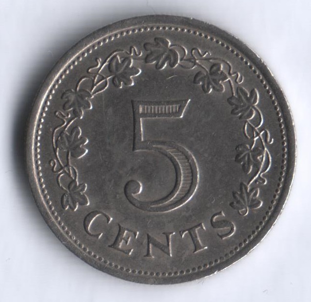 Монета 5 центов. 1976 год, Мальта.
