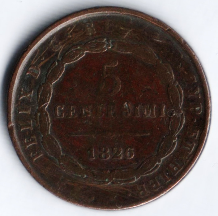 Монета 5 чентезимо. 1826 год, Сардиния.