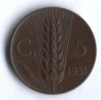 Монета 5 чентезимо. 1931 год, Италия.