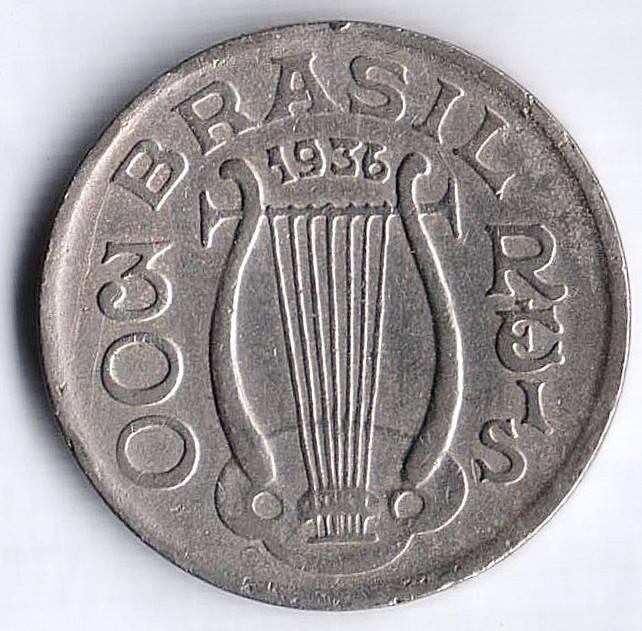 Монета 300 рейсов. 1936 год, Бразилия.