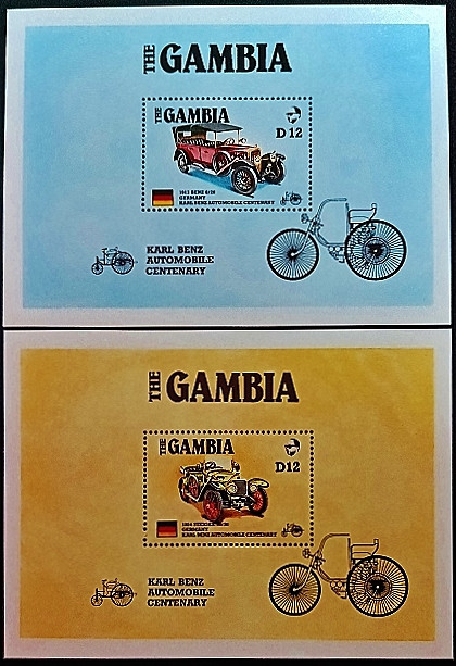 Набор блоков (2 шт.). "Винтажные автомобили". 1986 год, Гамбия.