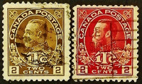 Набор почтовых марок (2 шт.). "Король Георг V ("1Tc")". 1916 год, Канада.