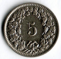 Монета 5 раппенов. 1937 год, Швейцария.
