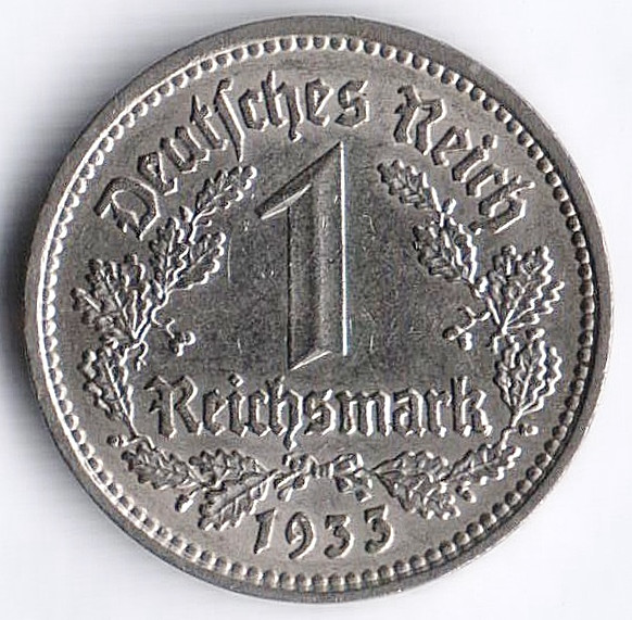 Монета 1 рейхсмарка. 1933 год (D), Третий Рейх.