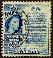 Почтовая марка. "Королева Елизавета II - Свиток Рузвельта". 1956 год, Мальта.