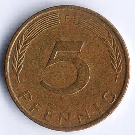 Монета 5 пфеннигов. 1972(F) год, ФРГ.