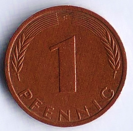 Монета 1 пфенниг. 1975(F) год, ФРГ.
