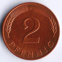 Монета 2 пфеннига. 1991(D) год, ФРГ.
