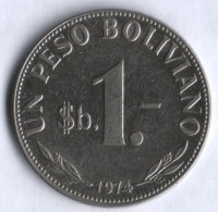 Монета 1 боливийский песо. 1974 год, Боливия.