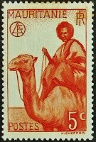 Марка почтовая (5 c.). "Человек на верблюде". 1942 год, Мавритания.