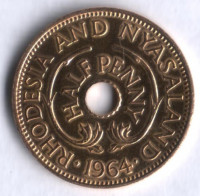 Монета 1/2 пенни. 1964 год, Родезия и Ньясаленд.