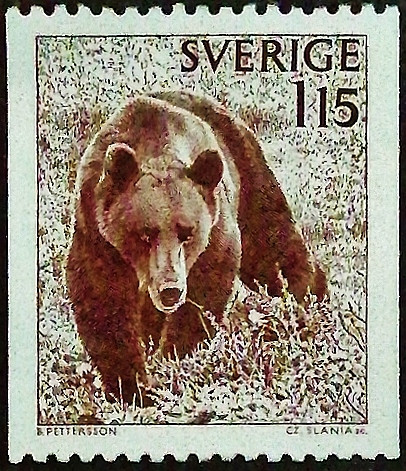 Марка почтовая. "Бурый медведь". 1978 год, Швеция. Марка почтовая. "Бурый медведь". 1978 год, Швеция.