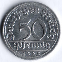 Монета 50 пфеннигов. 1920 год (E), Веймарская республика.