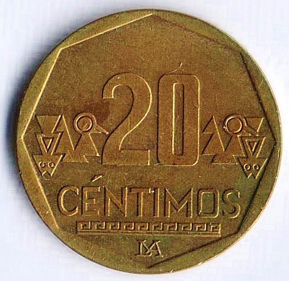 Монета 20 сентимо. 2004 год, Перу.