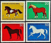Набор марок (4 шт.). "Лошади". 1969 год, ФРГ.
