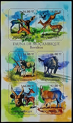 Блок марок (6 шт.). "Фауна Мозамбика - Копытные". 2011 год, Мозамбик.