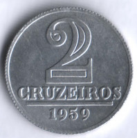 Монета 2 крузейро. 1959 год, Бразилия.