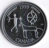 Монета 25 центов. 1999 год, Канада. Миллениум. Февраль - Наскальные рисунки.