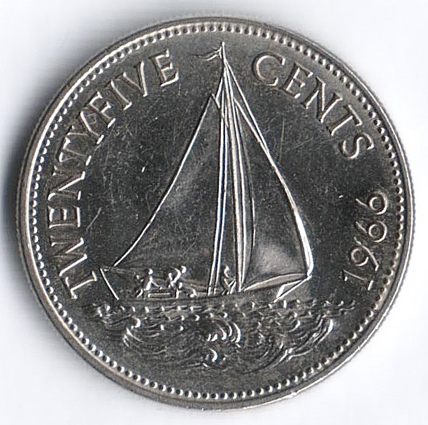 Монета 25 центов. 1966 год, Багамские острова.